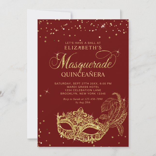 Invitation Photo Red Gold Glitter Masquerade Quinceañera (Devant)