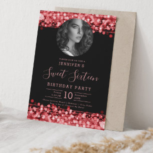 Invitation PHOTO Red Sparkles Sweet 16 Anniversaire