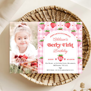 Invitation Photo Red Strawberry Berry Sweet 1er anniversaire