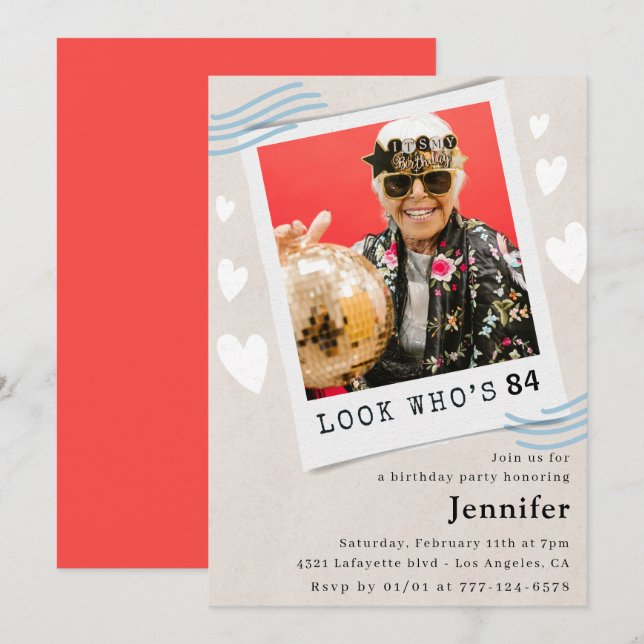 Invitation Photo Regardez qui fête 84e anniversaire Invitatio (Devant / Derrière)