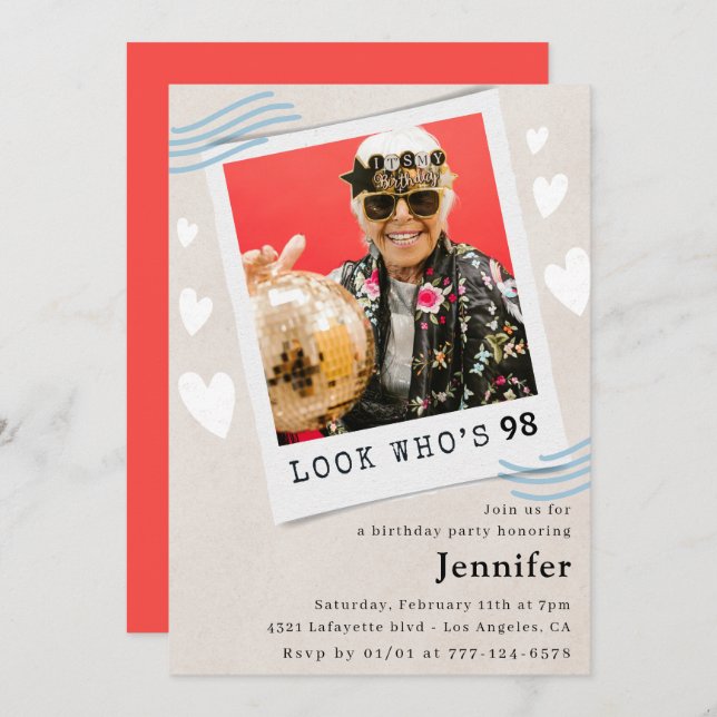 Invitation Photo Regardez qui fête son 98e anniversaire Invit (Devant / Derrière)