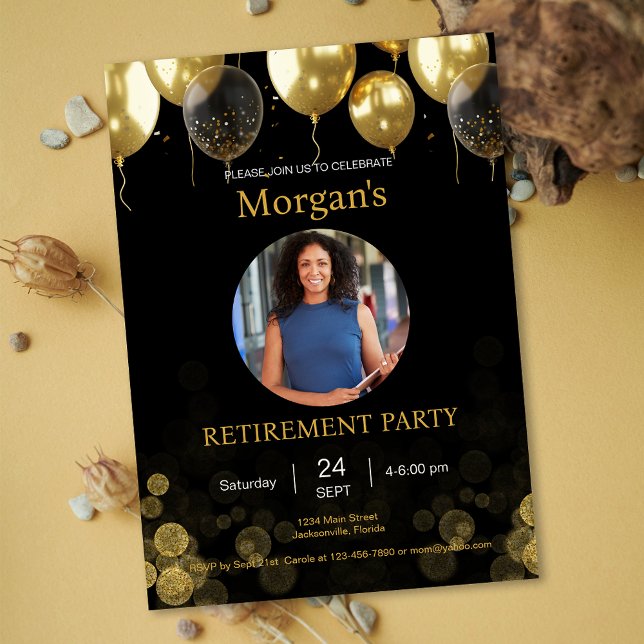 Invitation Photo Retraite Party Gold Balloon Enregistrer la d (Photo Retirement Party Gold Balloon Save the Date Invitation)