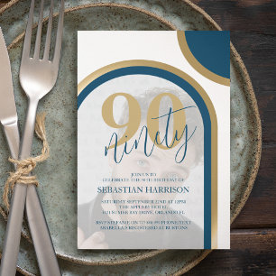 Invitation Photo rétro bleu et or pour 90e anniversaire