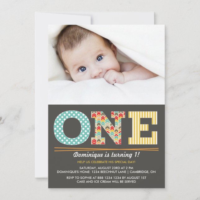 Invitation photo Retro Motif premier anniversaire (Devant)