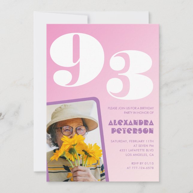 Invitation Photo Rétro Rose 93e anniversaire (Devant)