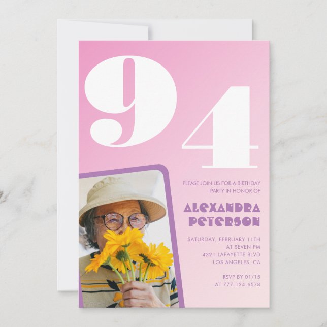 Invitation Photo Rétro Rose 94e anniversaire (Devant)