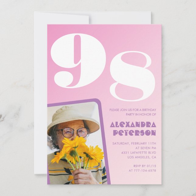 Invitation Photo Rétro Rose 98e anniversaire (Devant)