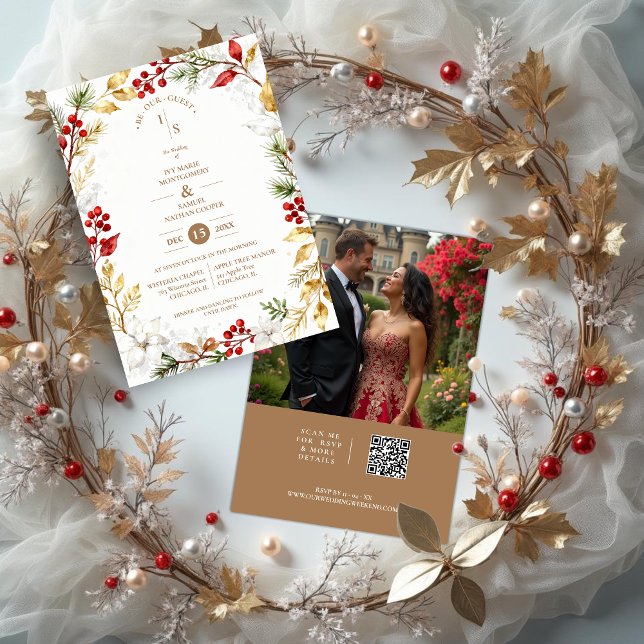 Invitation Photo Romantic Winter Nature Frame Wedding (Romantic Winter Nature Frame Wedding Invitation Cards with Photo on Back and Modern QR Code. )