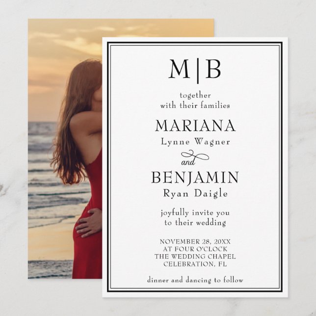 Invitation Photo Romantique Moderne Classique Mariage (Devant / Derrière)