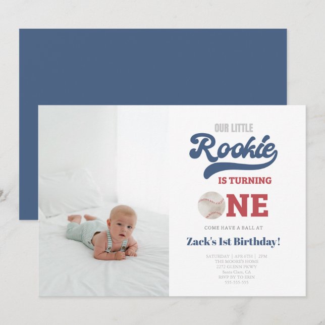 Invitation Photo Rookie Baseball Boys 1er anniversaire (Devant / Derrière)