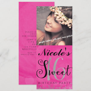 Invitation photo rose argent et noir pour Sweet 16