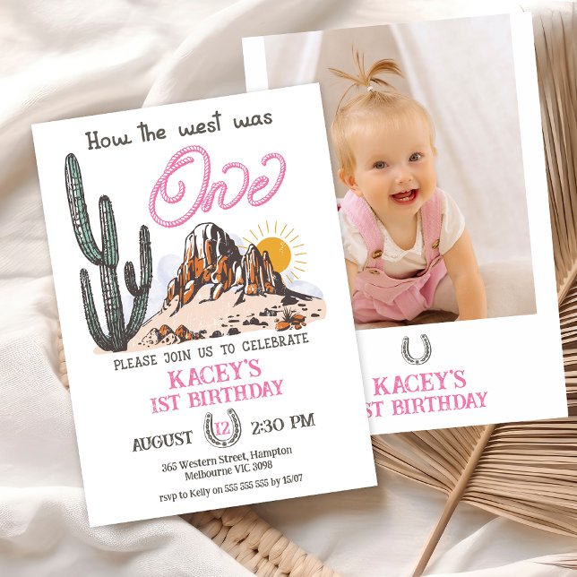 Invitation Photo rose Comment l'Occident a été un 1er anniver (Baby Girls Photo How The West Was One 1st Birthday Invitation, Wild West 1st Birthday Invite Rodeo)