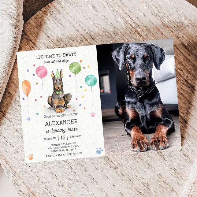 Invitation Photo rose de l'anniversaire du chiot Dobermann Pa (Créateur téléchargé)