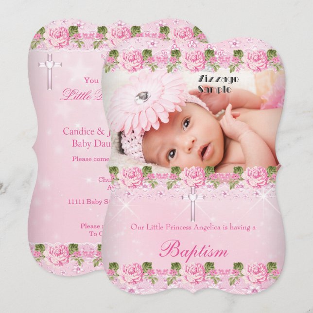Invitation Photo Rose Fleur Rose Baptême Bébé Fille (Devant / Derrière)