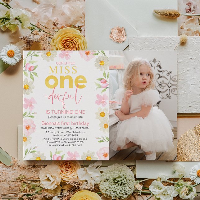 Invitation Photo Rose Floral Miss Onederful 1er anniversaire (Miss Onedeful 1st Birthday Invitation Template, Floral Onederful First Birthday invitation Spring)