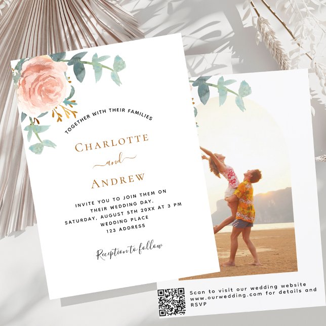Invitation Photo rose floral QR RSVP mariage de luxe (Créateur téléchargé)