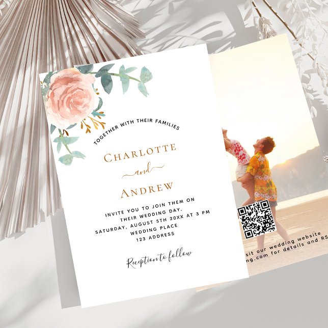 Invitation Photo rose floral QR RSVP mariage de luxe (Créateur téléchargé)