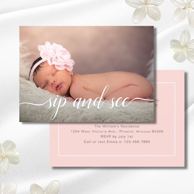 Invitation Photo rose Girl Sip et voir Baby shower rose (Sip and See Photo Card)