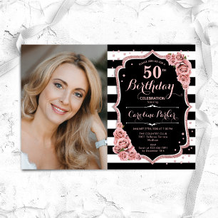 Invitation Photo Rose Gold Black 50th Birthday