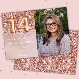 Invitation Photo Rose Gold Enfants Fille 14e fête d'anniversa