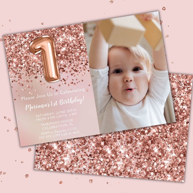 Invitation Photo Rose Gold Enfants Fille 1er anniversaire (Créateur téléchargé)