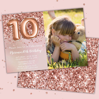 Invitation Photo Rose Gold Fête d'anniversaire de fille de 10