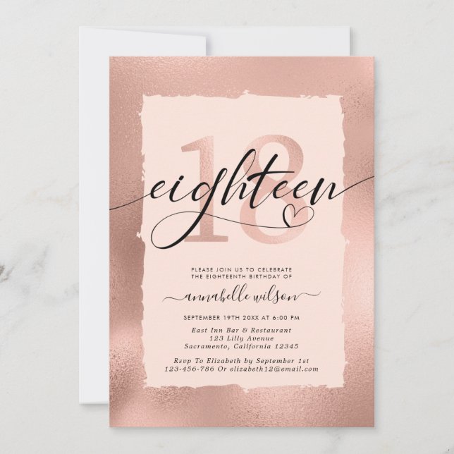 Invitation photo Rose Gold Foil 18e anniversaire (Devant)