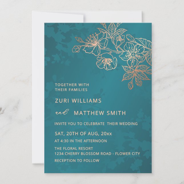 Invitation Photo Rose Gold Jewel Tone Wedding (Devant)