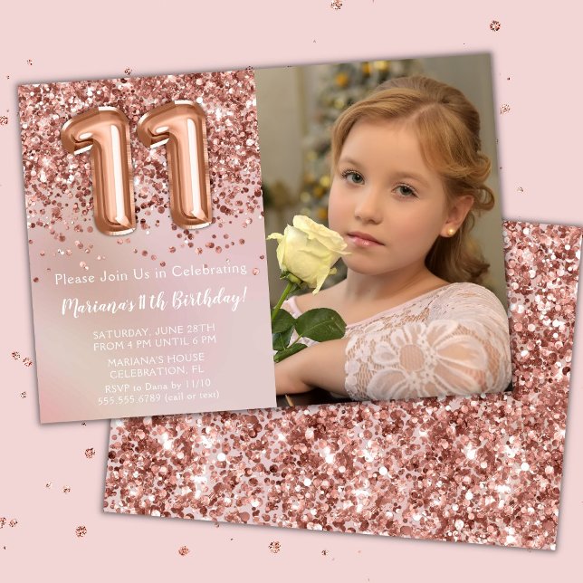 Invitation Photo Rose Gold Kids Girl 11e fête d'anniversaire (Créateur téléchargé)