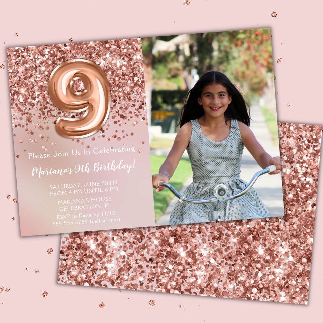 Invitation Photo Rose Gold Kids Girl 9e fête d'anniversaire (Créateur téléchargé)