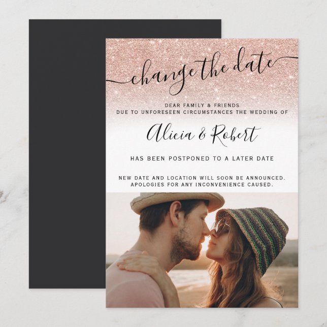 Invitation Photo rose gold paillettes modifier la date (Devant / Derrière)