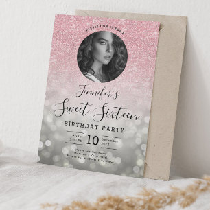 Invitation PHOTO Rose Gold Parties scintillant Silver Bokeh S