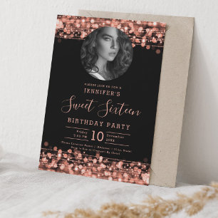 Invitation PHOTO Rose Gold Sparkles Sweet 16 Anniversaire