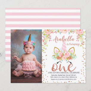Invitation Photo Rose Gold Unicorn 1er anniversaire Invitatio