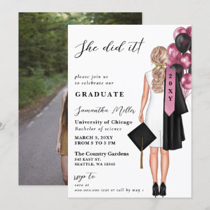 Invitation Photo rose moderne Elle L'A Fait Diplôme