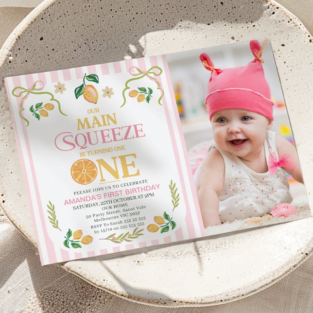 Invitation Photo rose moderne Lemon Main Squeeze 1er annivers (Main Squeeze Whimsical Lemon 1st Birthday Invitation Template, Main Squeeze 1st Birthday Invite
)