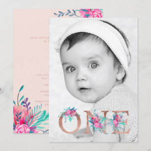 Invitation Photo Rose or floral lettre 1er anniversaire blush