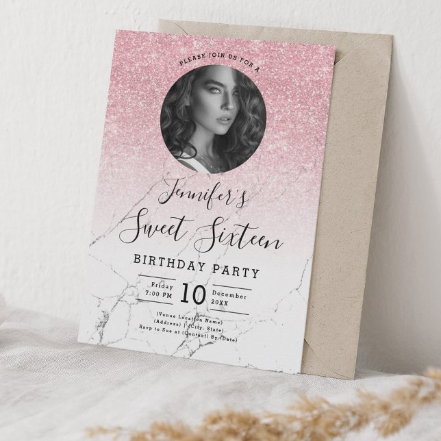 Invitation PHOTO Rose or Parties scintillant marbre doux 16 P (PHOTO Rose Gold Glitter Marble Sweet 16 Party Invitation)