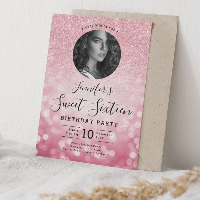 Invitation PHOTO Rose Parties scintillant or Bokeh Sweet 16 (PHOTO Rose Gold Glitter Bokeh Sweet 16 Invitation)