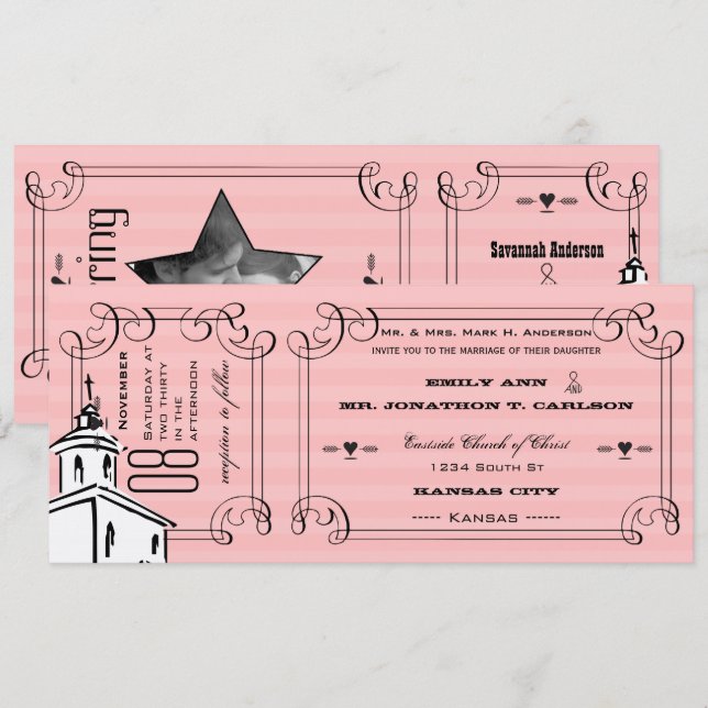Invitation Photo Rose Romantique Chapelle Billet Mariage (Devant / Derrière)
