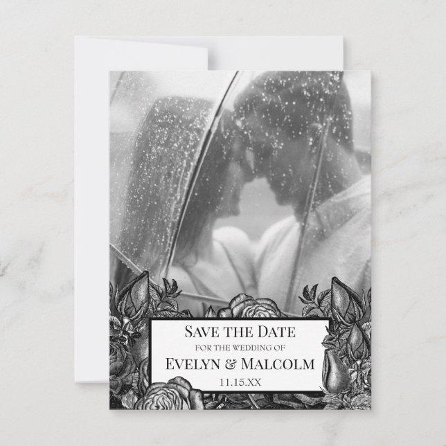 Invitation Photo Roses noires et blanches Enregistrer la date (Devant)