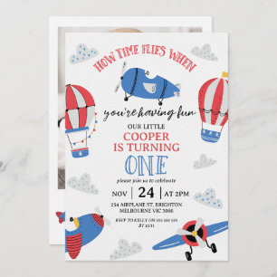 Invitation Photo Rouge bleu moderne Comment le temps vole 1er