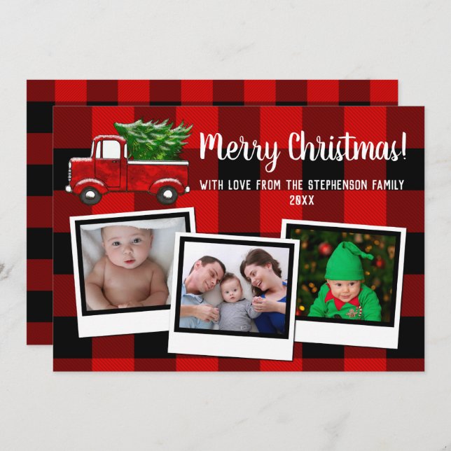 Invitation Photo rouge de la famille 3 de Joyeux Noël de (Devant / Derrière)