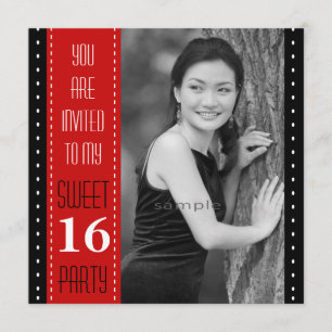 Invitation Photo rouge noire de 16ème anniversaire de bonbon