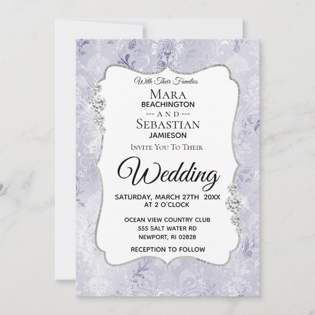 Invitation *~* Photo + RSVP + QR Diamant Mariage damassé (Devant)