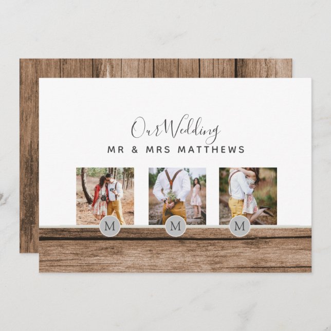 Invitation Photo Rustic Collage Monogram NEWLYWEDS WEDDING (Devant / Derrière)