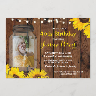 Invitation Photo Rustique Jar fête d'anniversaire Wood Sunflo