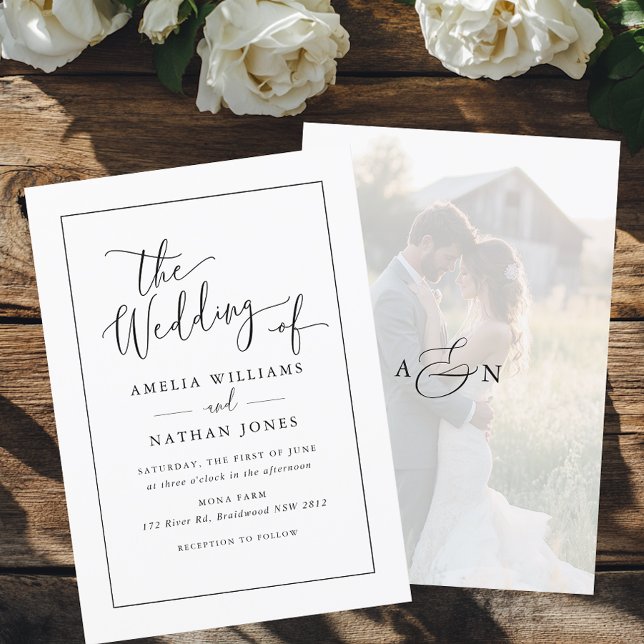 Invitation Photo Rustique Script Noir Blanc Mariage   (Créateur téléchargé)