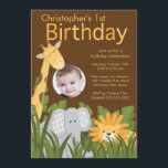 Invitation Photo Safari Jungle Animal Kid fête d'anniversaire<br><div class="desc">Commencez votre fête avec nos mignons enfants photo de fête d'anniversaire Invitation mettant en vedette les plus doux animaux de la jungle safari avec un palmier. La jolie petite girafe, l'éléphant, le singe, le zèbre et le lion raviront votre petit homme ou votre petite fille !L'invitation moderne à la fête...</div>