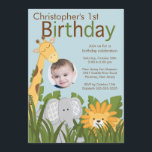Invitation Photo Safari Jungle Animal Kid fête d'anniversaire<br><div class="desc">Commencez votre fête avec nos mignons enfants photo de fête d'anniversaire Invitation mettant en vedette les plus doux animaux de la jungle safari avec un palmier. La jolie petite girafe, l'éléphant, le singe, le zèbre et le lion raviront votre petit homme ou votre petite fille !L'invitation moderne à la fête...</div>